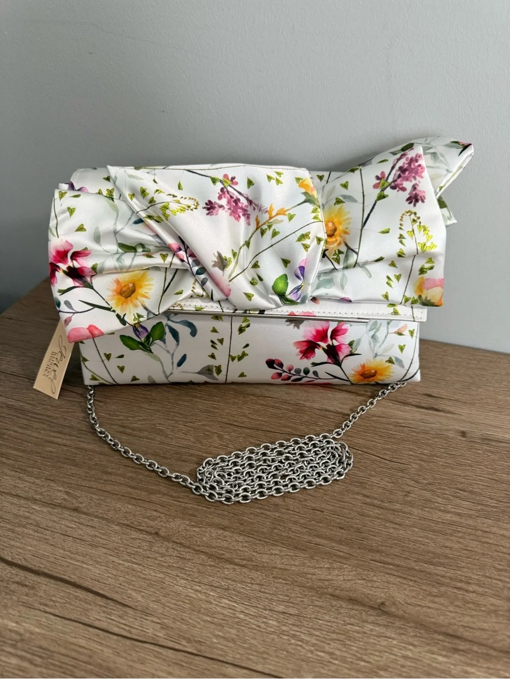 Jewel Badgley Mischa Floral Satin Bow Purse with White Background, NWT